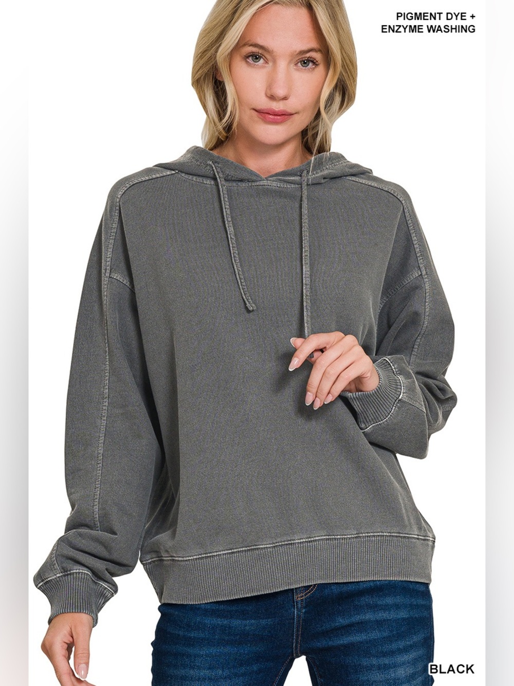 Zenana Black Pigment Dye & Enzyme Washed French Terry Hoodie - Picture 2 of 3
